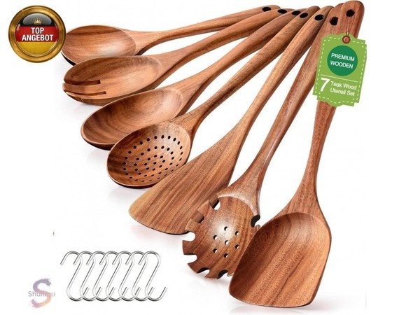 HolzlöFfel Zum Kochen, 7-Teiliges Holzutensilien Zum Kochen Mit 7 Haken,-image