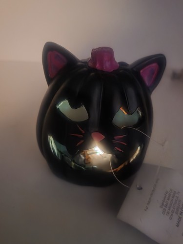Halloween Decor Light-up Black Cat Pumpkin Resin Jack O’Lantern 3.5" - Picture 4 of 6