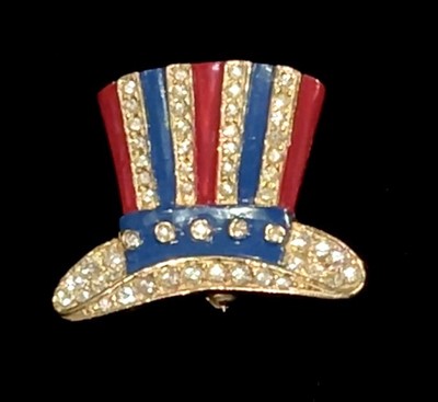 VTG POLCINI RED WHITE & BLUE ENAMEL Pave' RHINESTONE Uncle Sam HAT BROOCH SIGNED