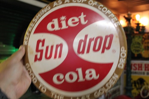 RARE 1950s ENJOY COFFEE BREAK SUN DROP COLA GOLDEN PAINTED METAL SIGN SODA POP - Picture 14 of 18
