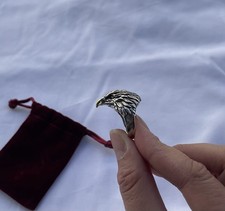 Solid 925 Sterling Silver Eagle Head Ring – Adjustable, Detailed Carving, Unisex