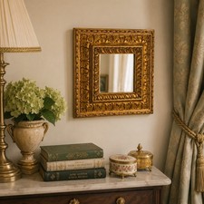 Vintage Gilded Ornate Wall Mirror Gold Frame 10.5 Square Hollywood Regency
