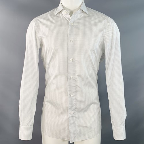 ISAIA Size S White Grey Checkered Cotton Spread Collar Long Sleeve Shirt