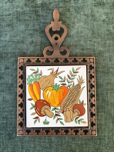 Lot 4 Vtg MCM Cast Iron Tile Trivet Hot Plate Wall Decor Fruit Sunflower Kitchen image 3