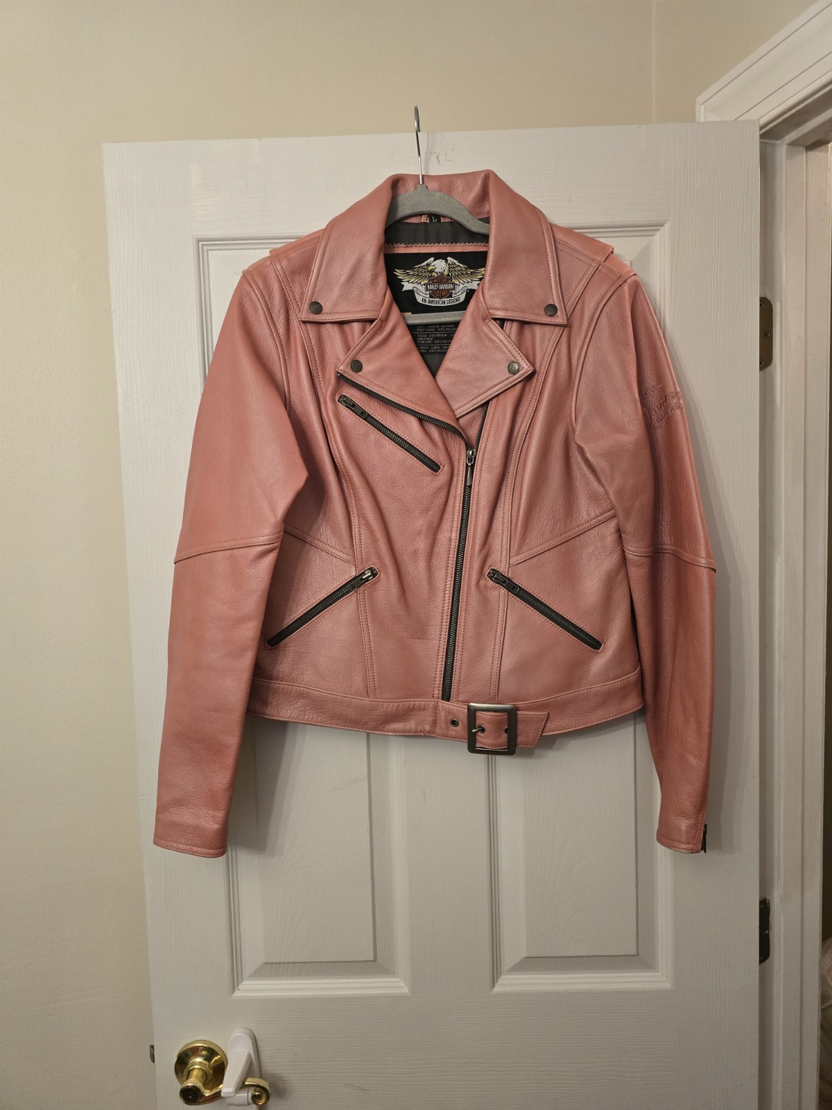 Harley Davidson Pink Leather Moto Jacket Cycle Queen Sz L - second product detail image