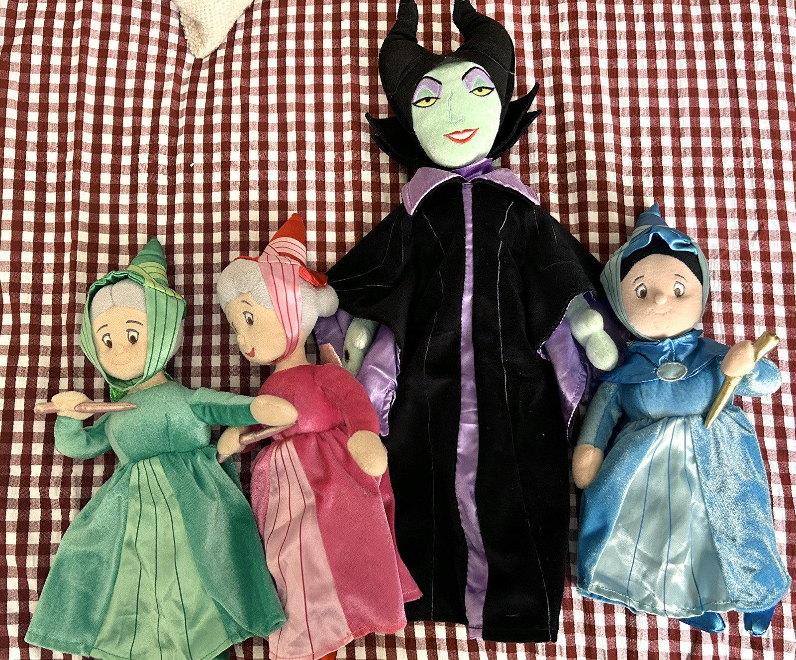 DISNEY SLEEPING BEAUTY FLORA FAUNA MERRYWEATHER FAIRIES + MALIFICENT DOLLS 