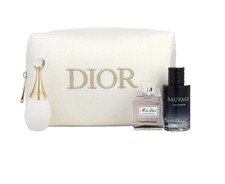 Dior Beauty Beige and gold Makeup Cosmetic Bag With 3 Mini Perfume Gift Set