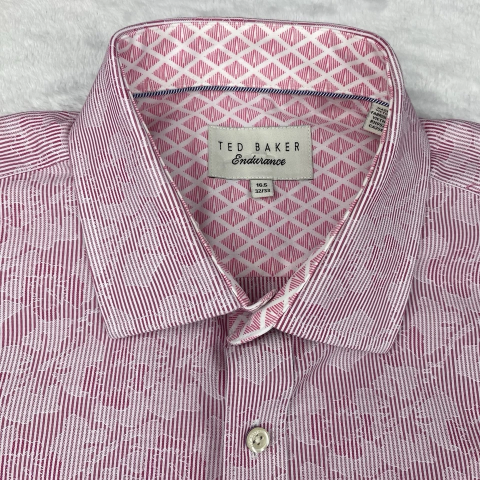 Camisa de vestir Ted Baker Endurance para hombre 16,5-32/33 rosa floral calce ajustado puños abatibles Foto 3 de 4