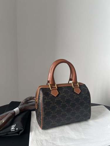 Celine Boston Mini Triomphe Canvas Brown Leather Trim Top Handle Handbag