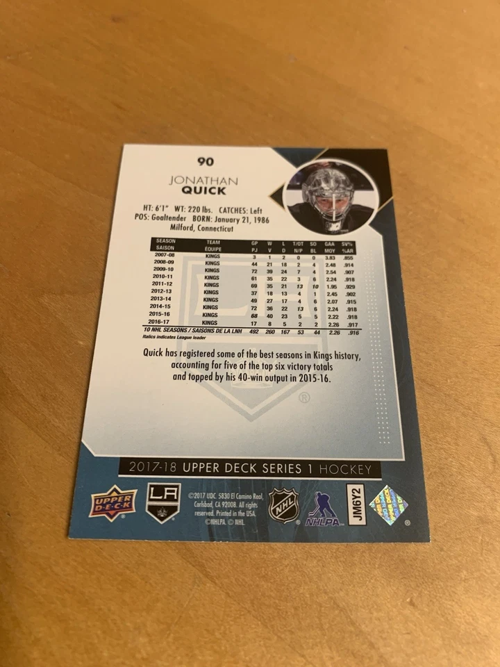 2017-2018 Upper Deck Hockey #90 Jonathan Quick Los Angeles Kings Series 1 - Image 2 of 2