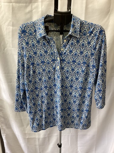 Talbots Petite Tunic Collared Pullover Blouse Floral Blue Large Petite - Picture 2 of 10