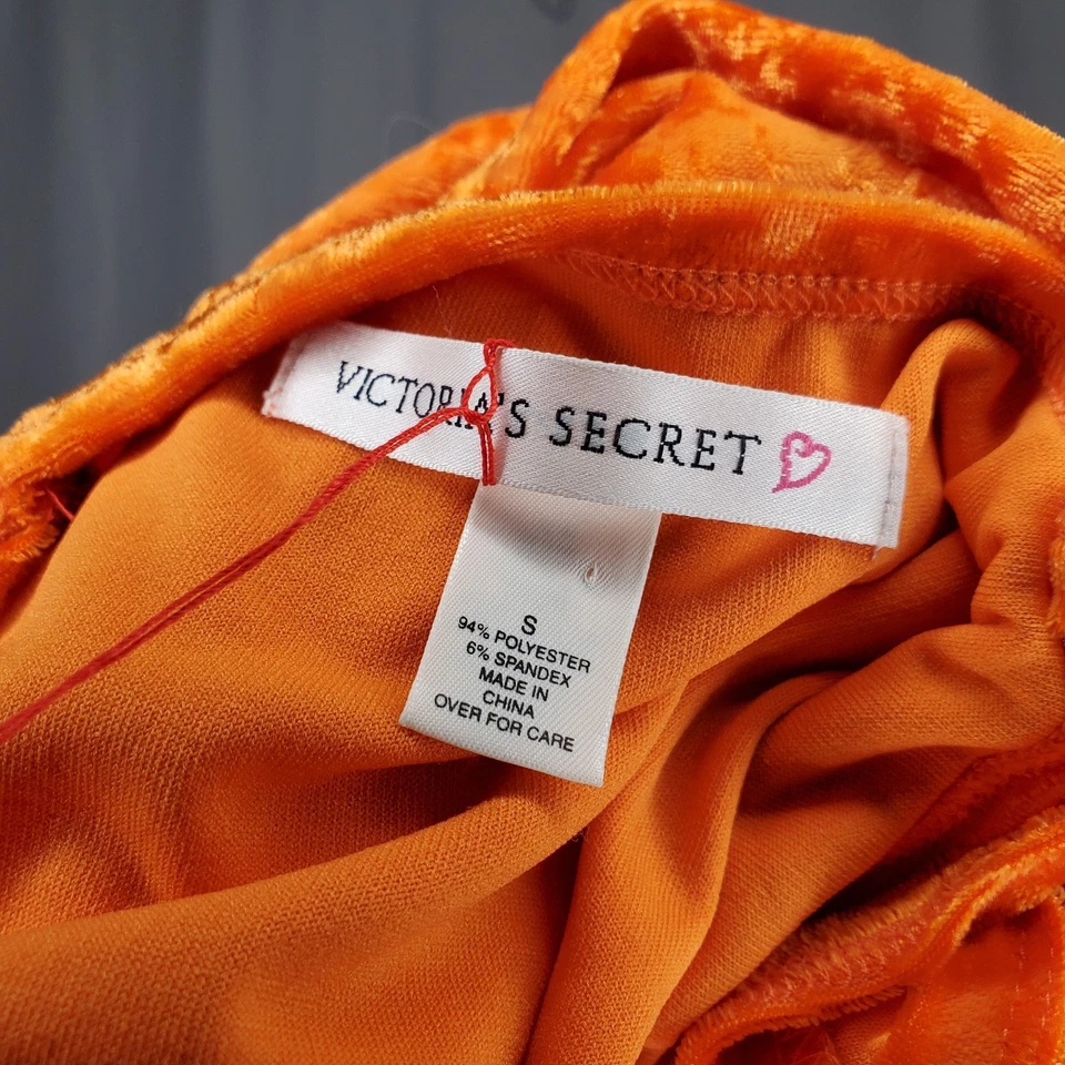 Victorias Secret 复古压裂天鹅绒迷你懒人连衣裙小号橙色弹力性感 — 第 3/4 张图片