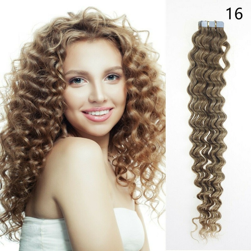 Tape  in Real Human Hair Extensions Adhesive Skin Weft Curly Ash Blonde 18inch