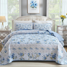Blue Quilt Set Queen Size, 3Pcs Antique Rose Blue Bedspread Coverlet Set, Lightw