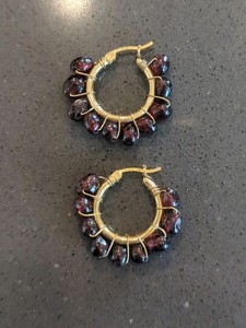 Authentic Vintage Amber Stone Hoop 18K Gold Plated  Hoop Earrings Chapa Mexico J71