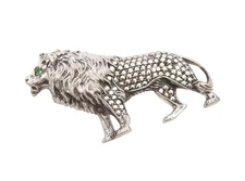 925 Sterling Silver Vintage Brooch Emerald Eyed Marcasite Majestic Lion  BP11844