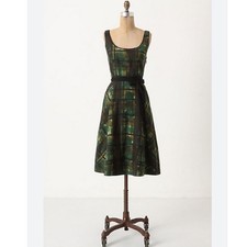 Anthropologie Maeve Fit and Flare A Line Green Plaid Tie Waist Dress Size 0