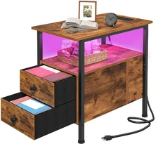End Table with Charging Station & Led Light, Narrow Side Table with 2 Drawers...