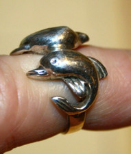 Vintage Sterling Silver 925 Wrap Around Two Dolphins Together Size 6 1/2 Ring