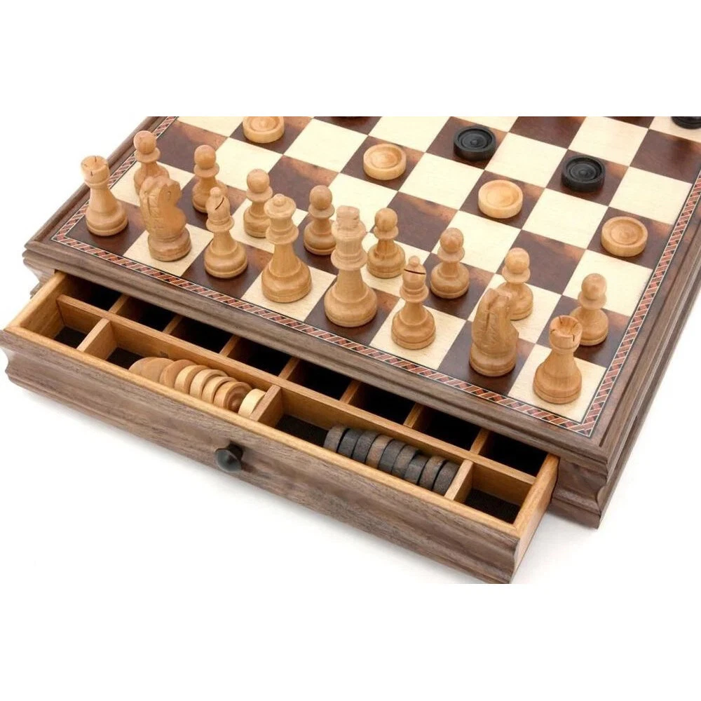 Dal Rossi Italy 15" Walnut Chess & Checkers Set with Drawer – Ivory Brown Pieces