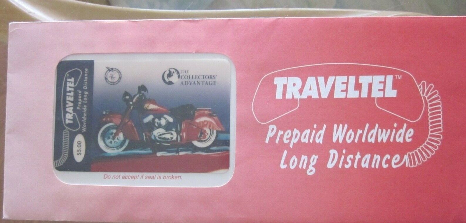 $5 Indian Chief Motorcycle Phone card by Traveltel, free ship! Original envelope