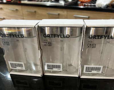 6 IKEA ORTFYLLD Gewürzgläser Glas/Edelstahl 3 Unzen  2 x 2er Set.  Neu