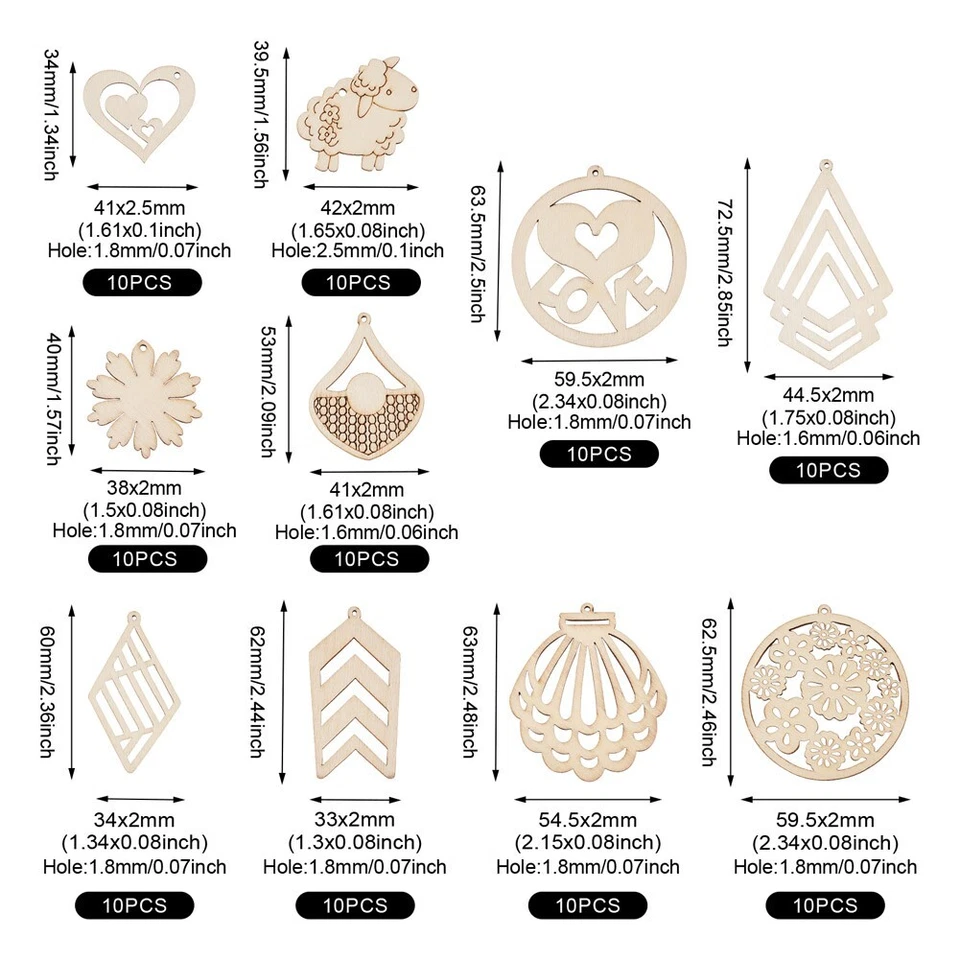100 шт. неокрашенных больших кулонов из натурального дерева с цветком овцы ромбом 34 ~ 72,5 мм - Изображение 4 из 4