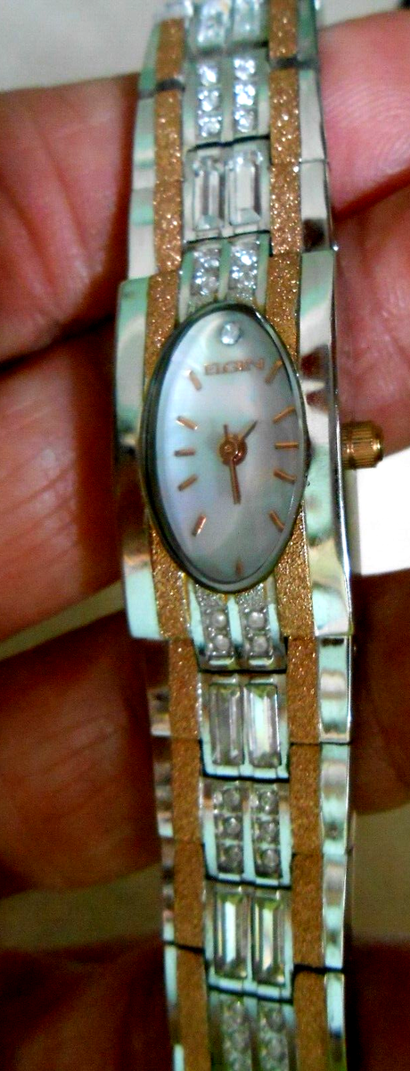 Ladies Elgin Watch Dress White & Rose Gold Baguette Crystals 