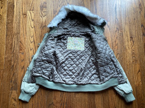 VTG Y2K Abercrombie & Fitch Military Jacket Womens Medium Olive Green Faux Fur - Picture 10 of 10