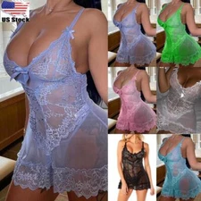⭐⭐US Women's Sexy Lingerie G-String Thong Set Babydoll Lace Nightdress Robe