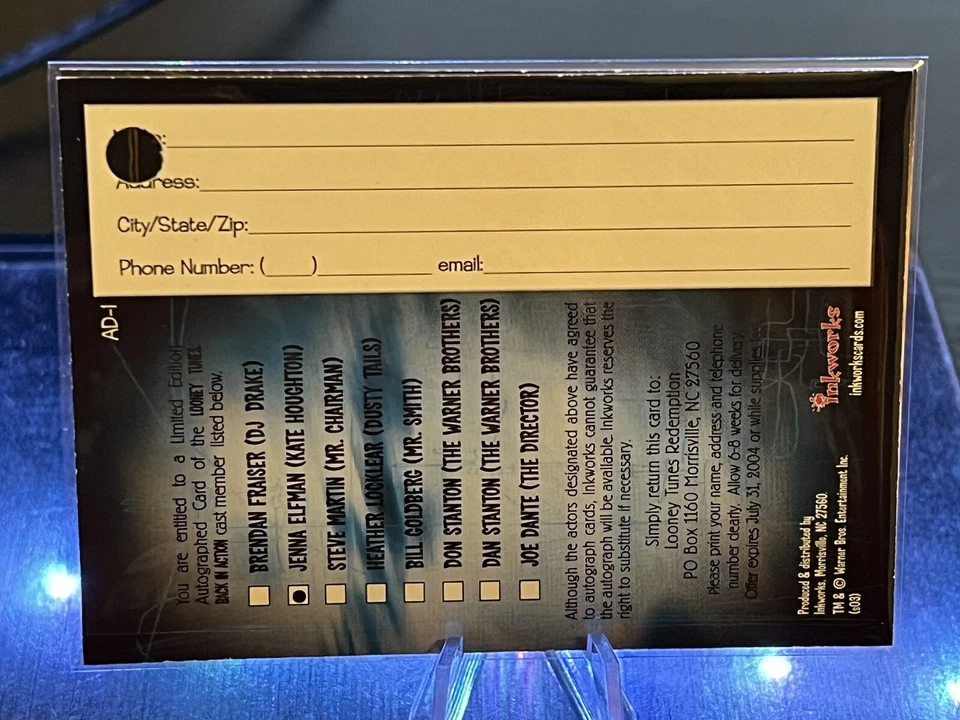 Tarjeta A2 2003 Jenna Elfman Inkworks automática/autografiada Looney Toons Back In Action Foto 2 de 2