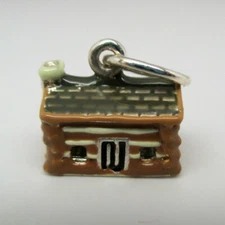 Sterling Silver LOG CABIN Charm for Bracelet ENAMEL Brown County PENDANT Vintage