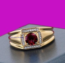 Natural Garnet  CZ Gemstones with 925 Sterling Silver Gold Plated Men's Ring 9