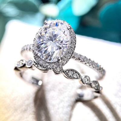3.98 TCW Oval Cut Moissanite Bridal Set Engagement Ring In 14K White Gold Plated