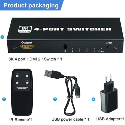 4 or 5 Port 8K HDMI 2.1 Switch 4 in 1 out 4K 120Hz HDR HDMI 2.1 Switcher HDCP2.3 - Picture 20 of 34