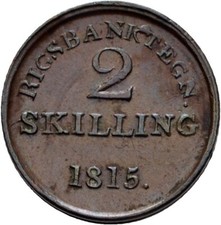 D&auml;nemark 2 Skilling 1815 Frederik VI., Kupfer 2,4 gOriginal M&uuml;nze #LES410