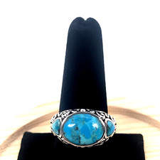 Genuine Turquoise Triple Gemstone  Sterling Silver Men Women Ring - Size 9.75
