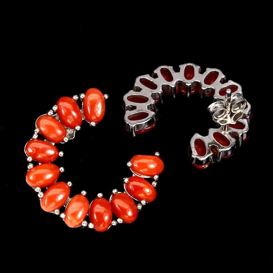 Pendientes de plata de ley 925 ovalados coral Italia piedras preciosas naturales joyería Foto 3 de 4