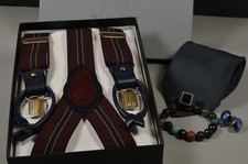 SUSPENDERS BURGUNDY ELASTIC  GENUINE LEATHER HANDMADE SPAIN CLIP  BUTTON T 7