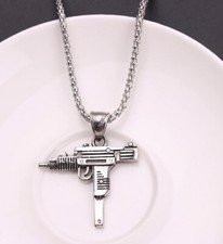 SILVER UZI MACHINE GUN PISTOL BOX CHAIN PENDANT NECKLACE RIFLE UK SELLER