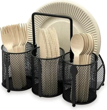 Utensil Caddy Silverware Holder - 4 Compartment Metal Mesh Cutlery Fork Black 