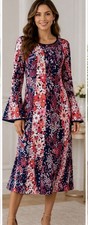 Michael Michael Kors Floral Bell Sleeve Dress XS Navy Pink Red Stretch Midi