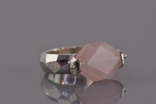 Sterling Silver Pink Rose Quartz Chunk Solid Hex Pattern Band Ring 13g 925 Sz: 7
