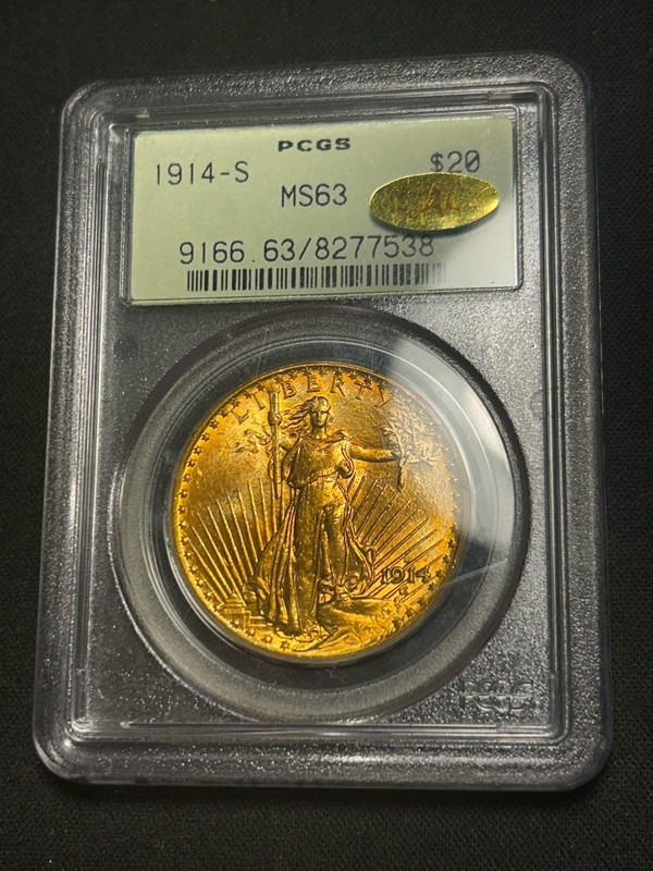 1914-S Saint Gaudens $20 Gold Double Eagle PCGS MS63 Gold CAC OGH