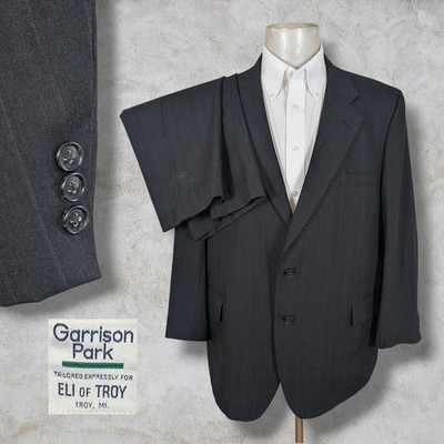 Flaw Garrison Park 2 Piece Suit Mens 48R Pants 46x27 Black Striped Wool
