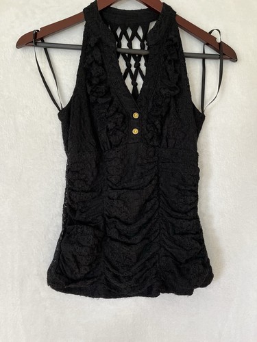 90s Y2K Vintage Top S Black Halter Lace Boho Fairy Grunge Whimsigoth - Picture 1 of 6