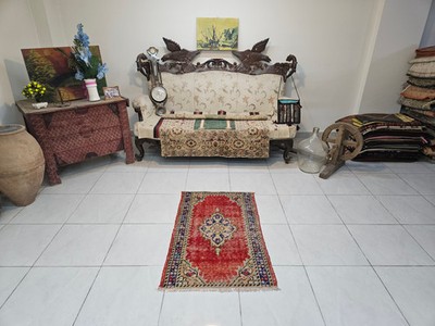 Handmade Wool Turkish Rug, 2.3 x 3.7 ft, Red Boho Carpet