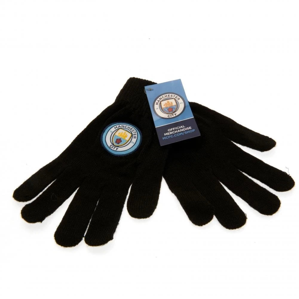 Manchester City FC Knitted Gloves Junior Black Basic Crest Official Licensed