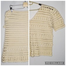 Handmade Crochet Set Skirt Top Womens Large Cream Sheer Short Sleeve V-Neck Boho