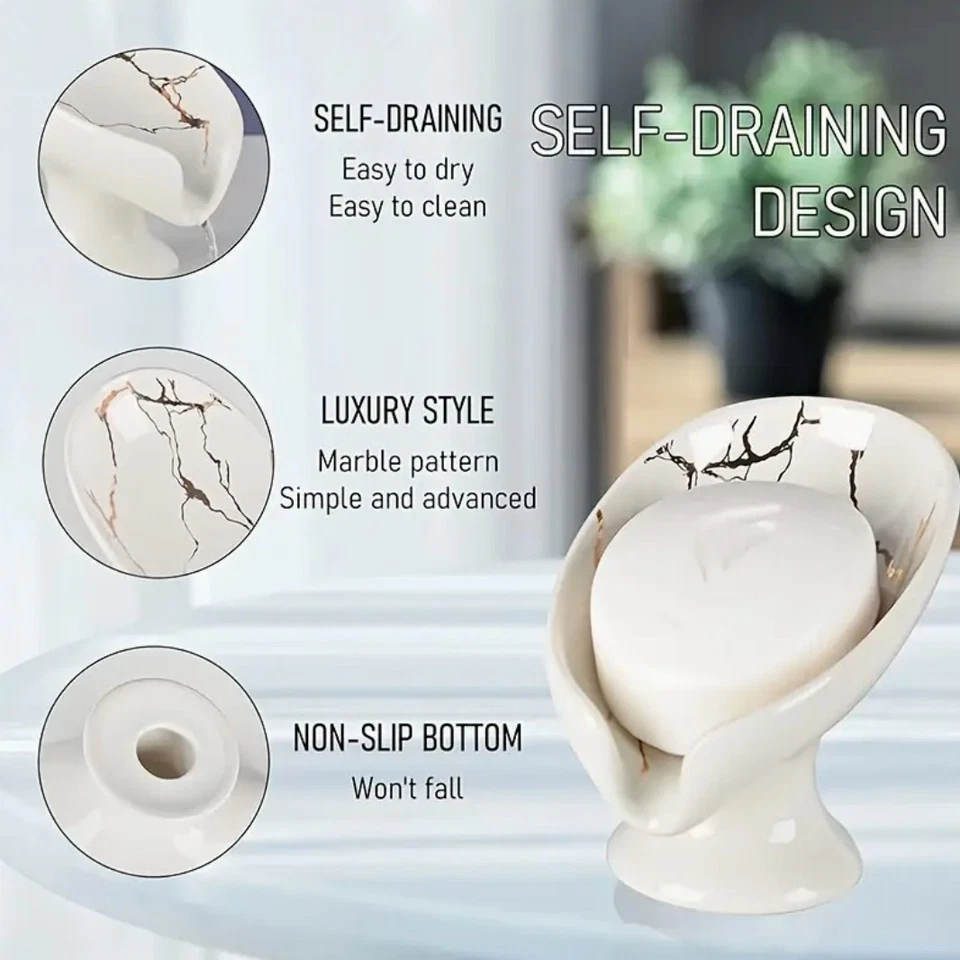 1x Elegant Marble Texture Soap Dish Ceramic Soap Holder Self Draining Dish Water - Image 4 of 4